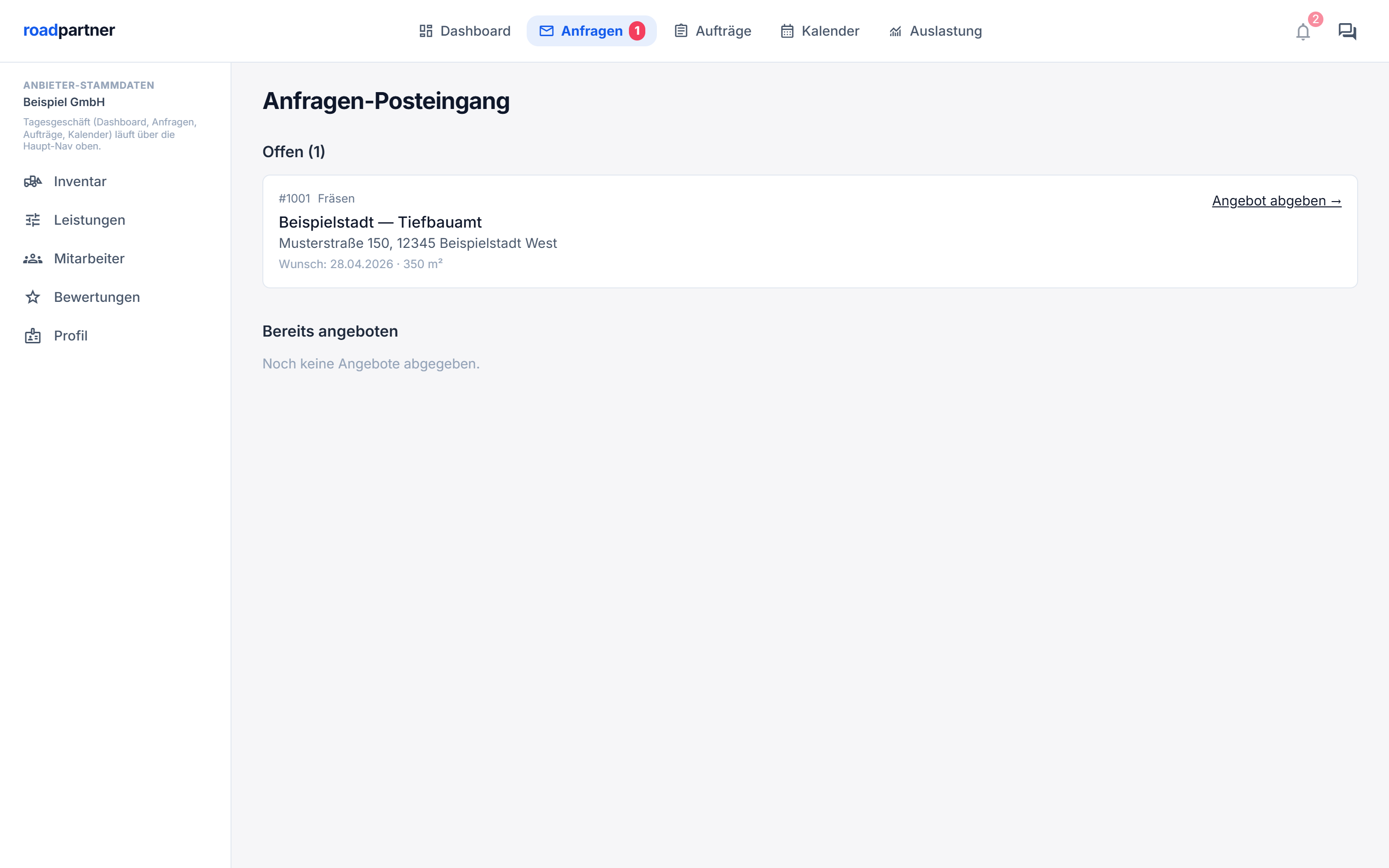 Posteingang mit Anfragen von Käufern – Termin, Ort, Leistung und Menge auf einen Blick