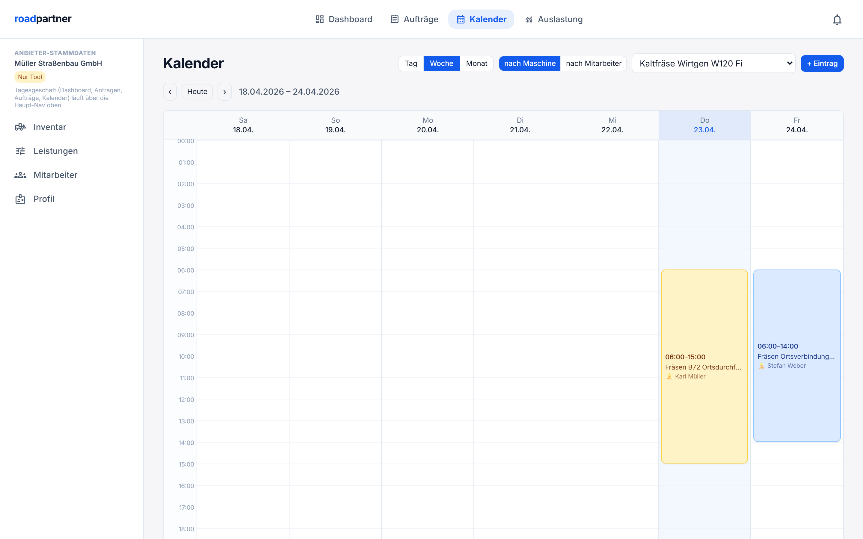 RoadPartner Dispo-Tool – Kalender mit Einsatzplanung für Kolonnen und Maschinen