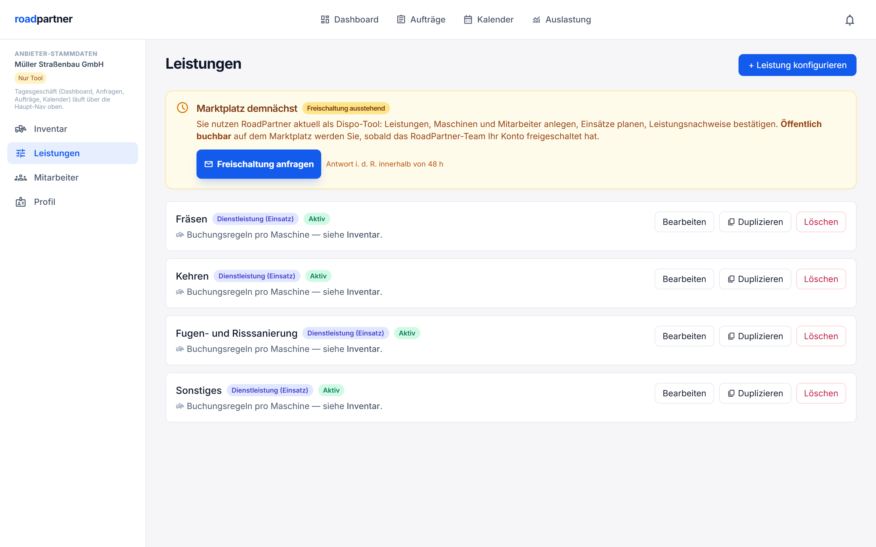 Leistungskatalog mit Preis, Einsatzradius und Kapazität pro Leistung