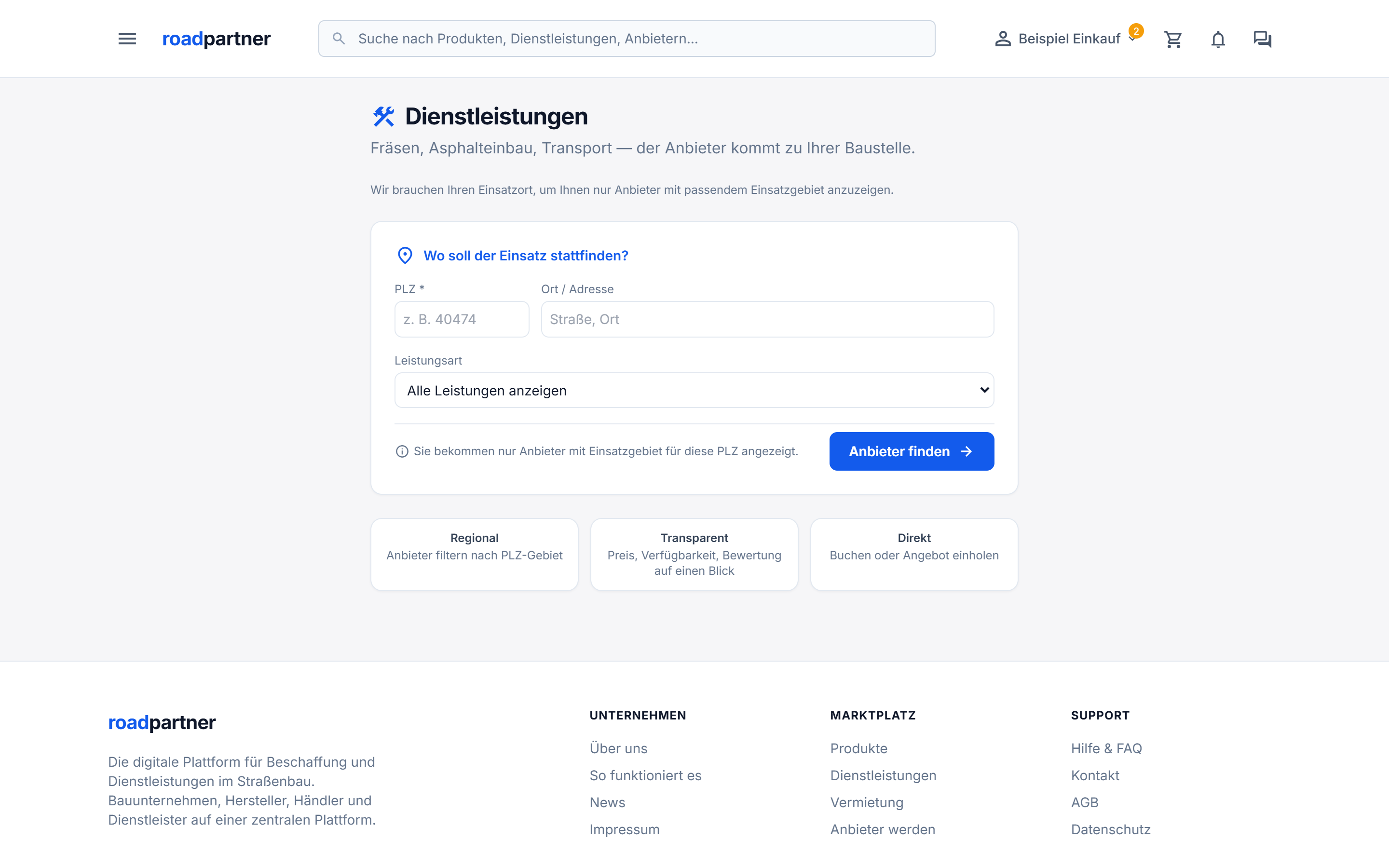 RoadPartner-PLZ-Gate: Postleitzahl eingeben um regionale Anbieter zu sehen