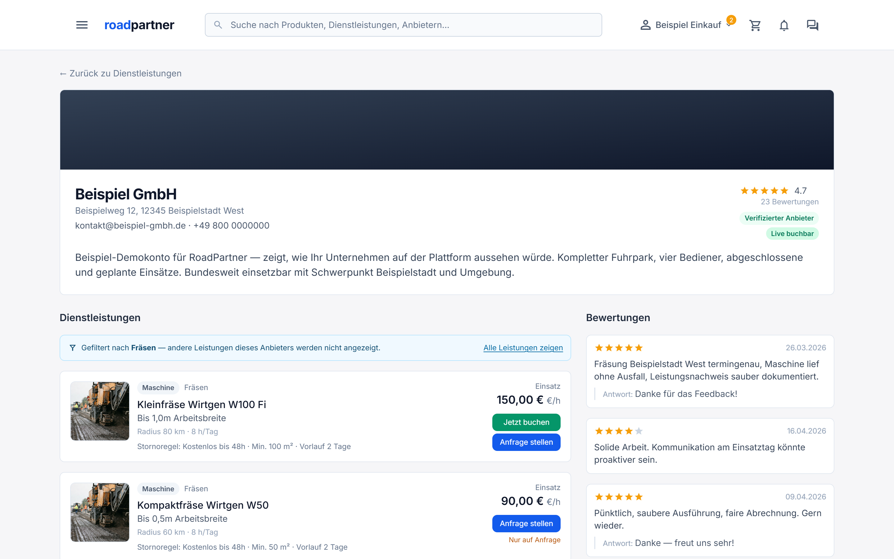 Anbieter-Profil auf RoadPartner mit Leistungen, Maschinen, Bewertungen und Preisen