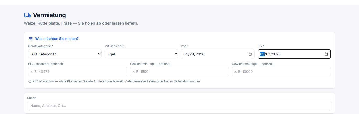 RoadPartner-Vermietungs-Filter: Mietzeitraum eingeben, optional PLZ, Gewichtsklasse, mit/ohne Bediener
